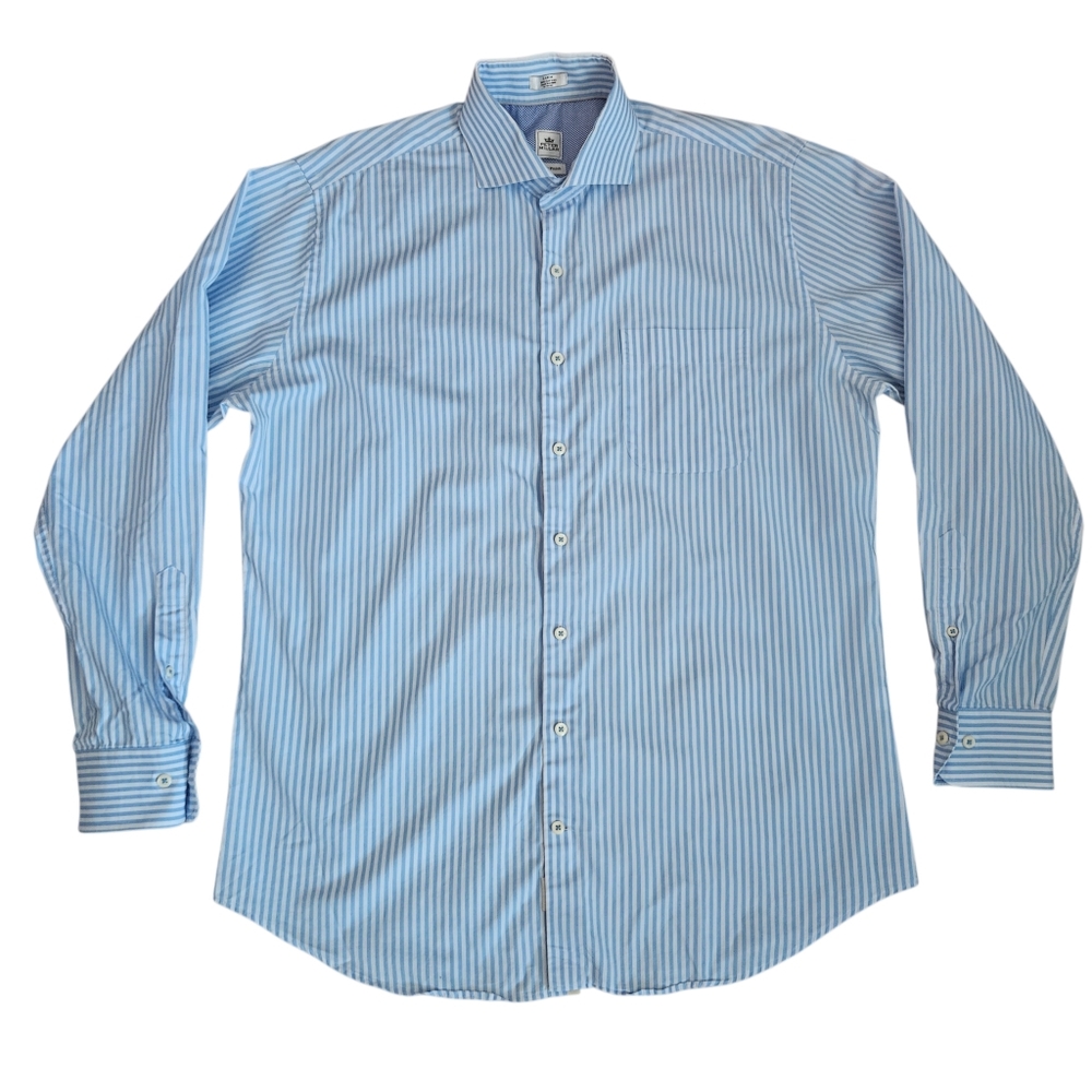 Peter Millar Seaside Finish Dress Shirt Mens L Blue Striped Pocket Long Sleeve